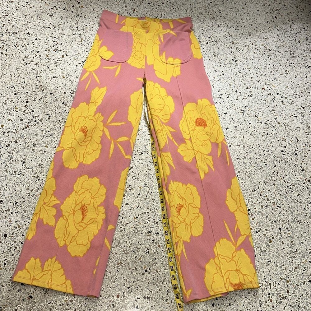Zara pink yellow floral retro 60’s pull on pants high rise medium m - Picture 4 of 7